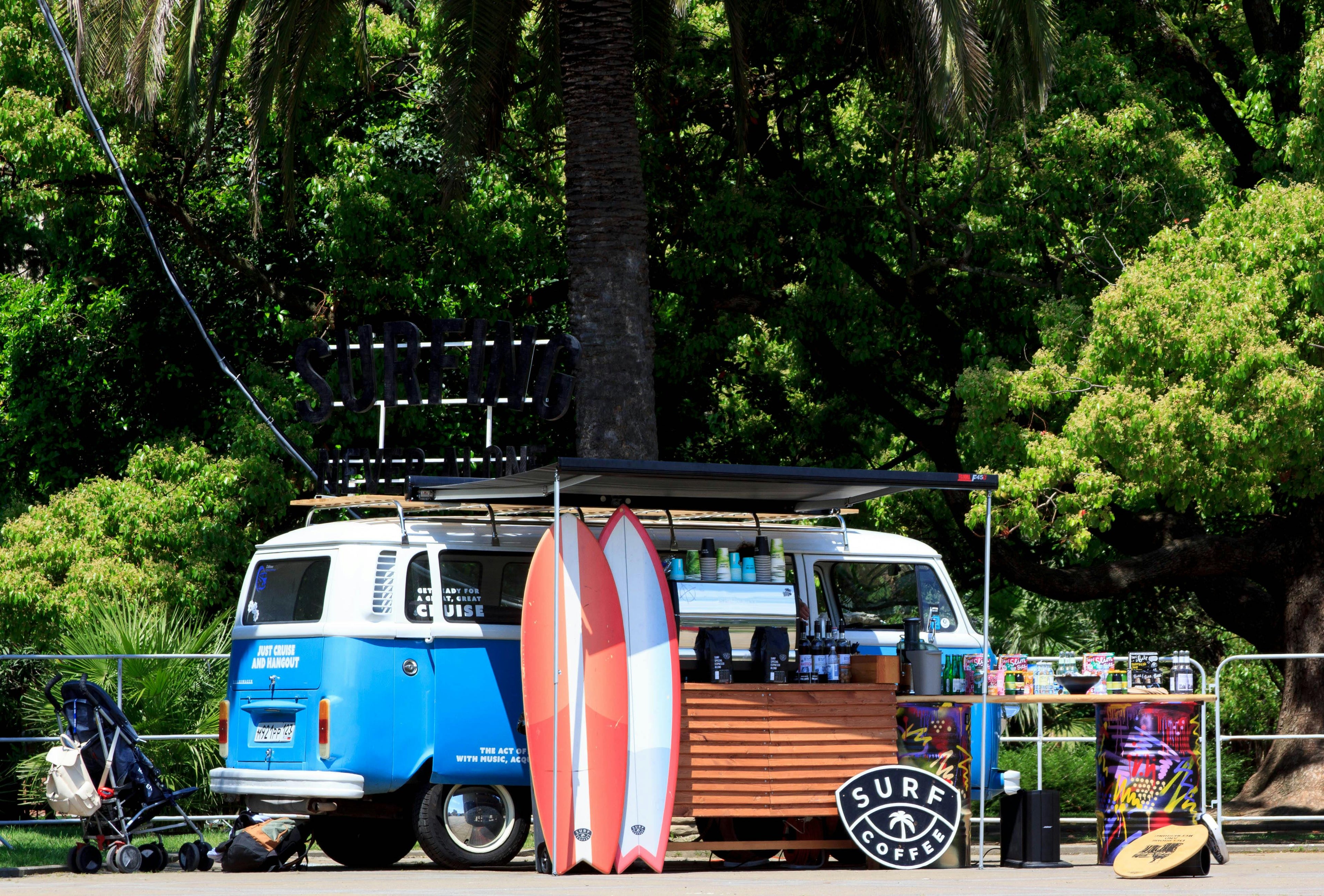 Volkswagan Camper serving coffee and surf
